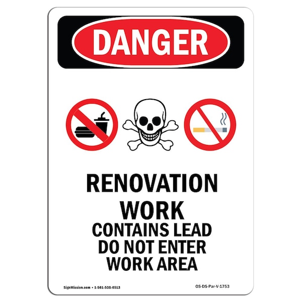 Safety Sign, OSHA Danger, 5" Height, Renovation Work Contains, Portrait, 10PK